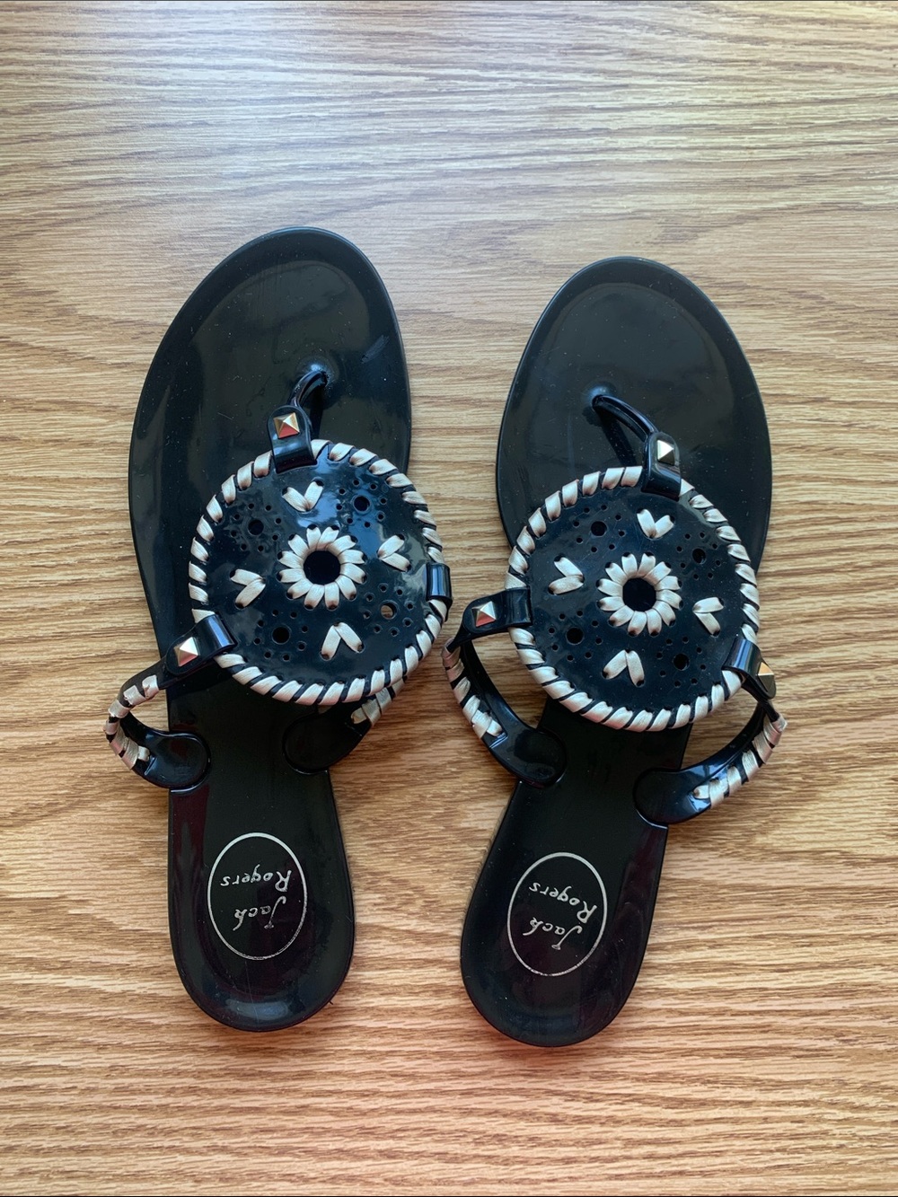 Jack Rogers Black and Gold Braided Medallion Jelly Sandals - Women